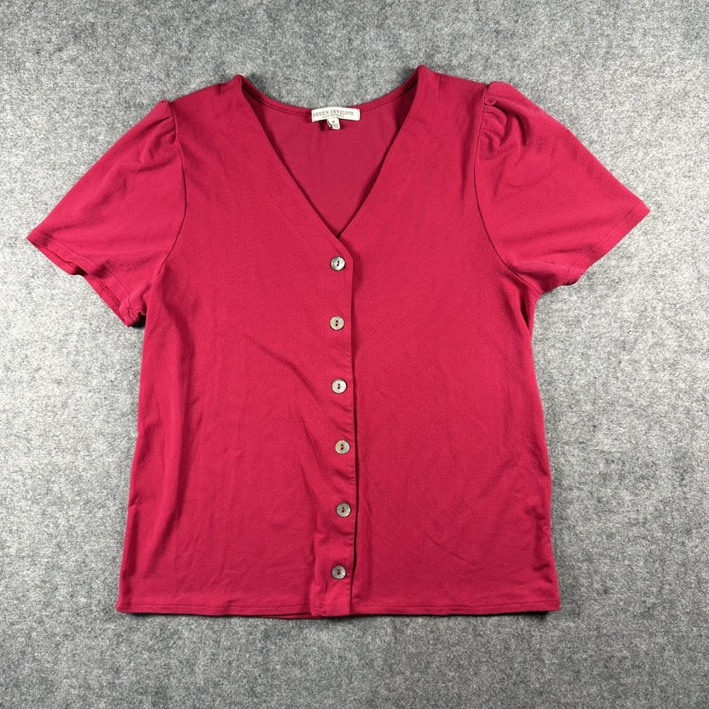 Green Envelope Button Front Top Medium Pink Puff Sleeve V-Neck Knit